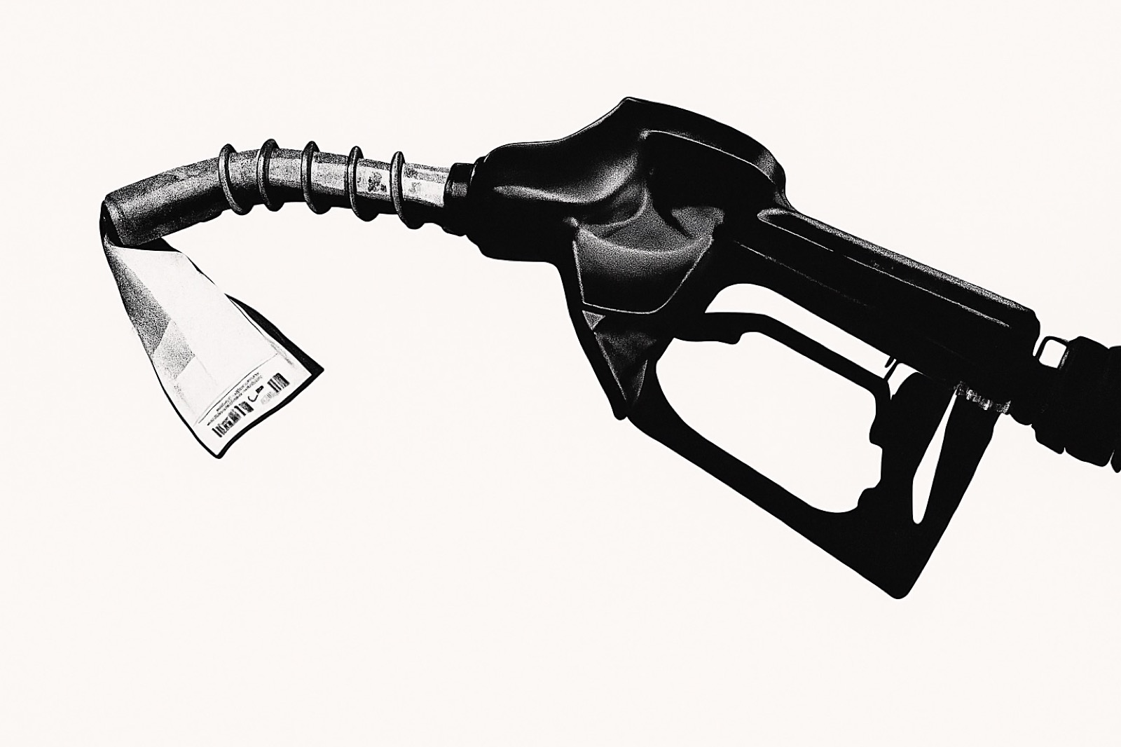 Fuel nozzle dispensing a curling receipt, risograph silhouette